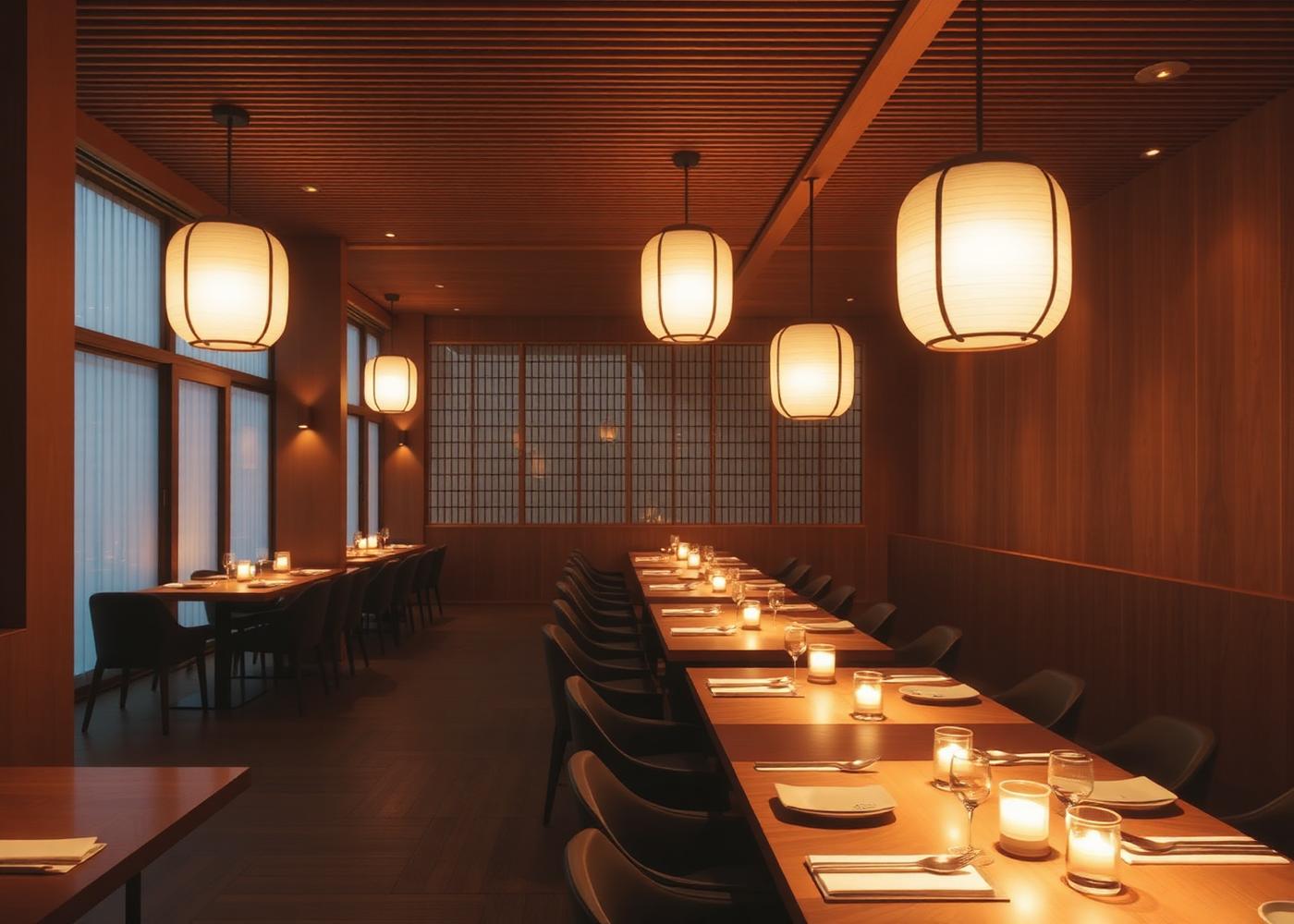 Restaurant interior image — warm wood, paper lanterns at Fuji